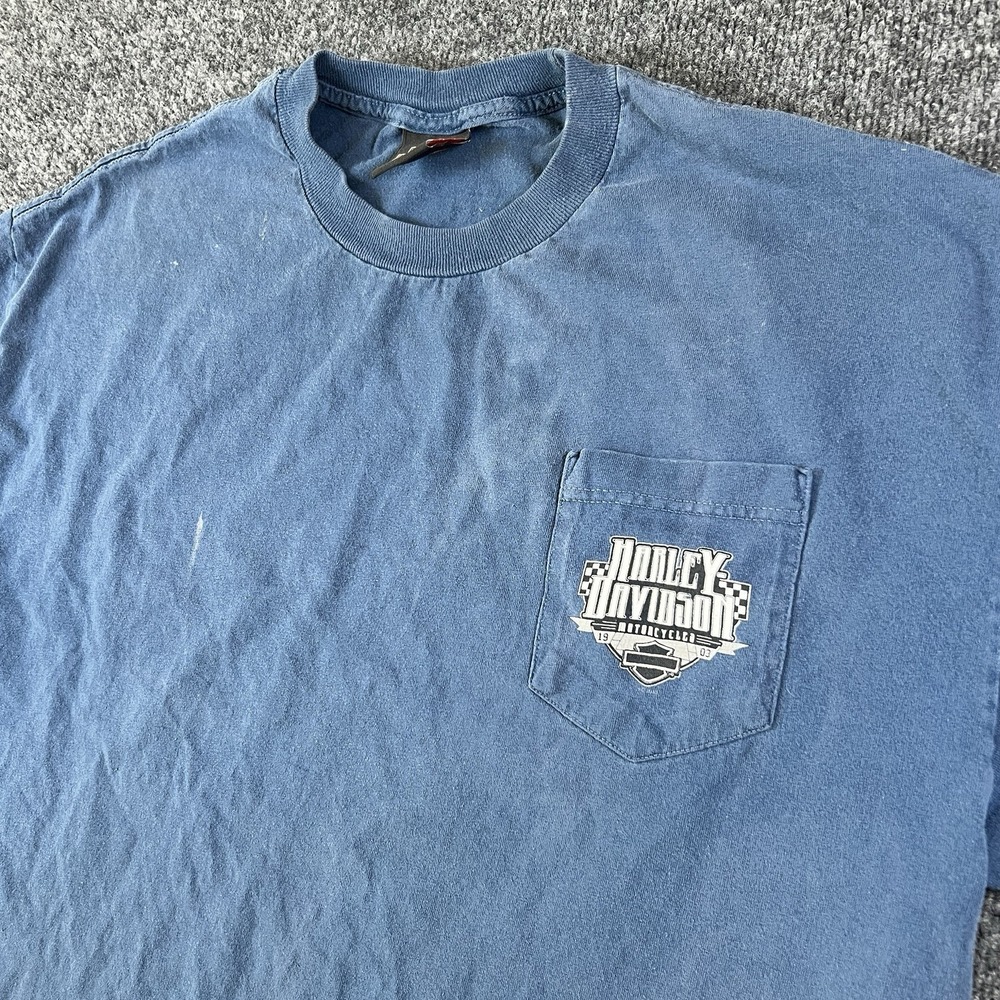 Vintage‎ Harley-Davidson Pocket TShirt Blue Bravado Tag 1990/2000s USA Made Read